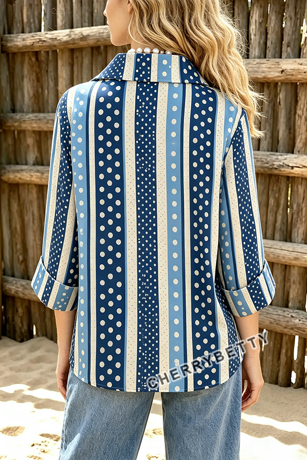 Mixed Polka Dot Print Collared Three Quater Sleeve Blouse