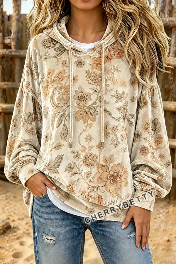 Retro Floral Print Long Sleeve Velvet Hoodie Top