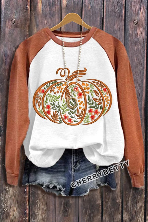Color Block Floral Pumpkin Embroidered Cotton Sweatshirt