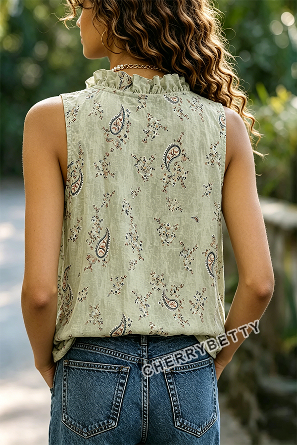 Bohemian Paisley Print Ruffle Neck Sleeveless Tank Top