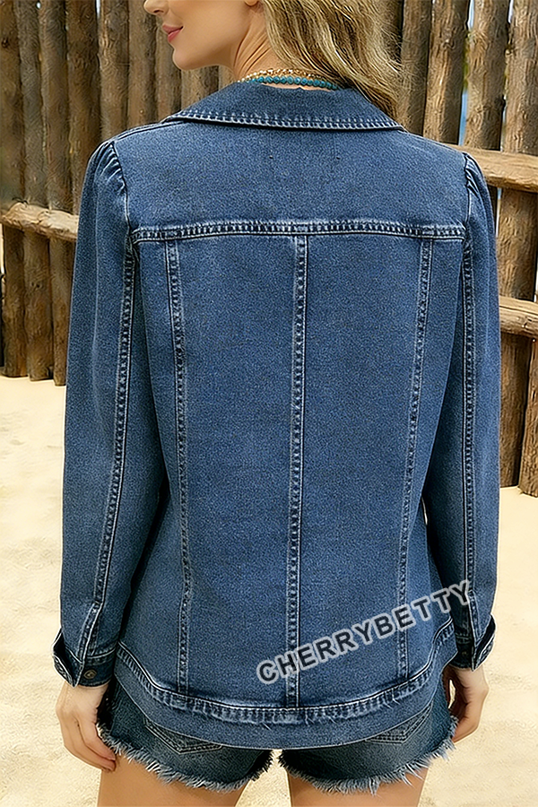 Solid Ruffle Trim Collared Denim Jacket