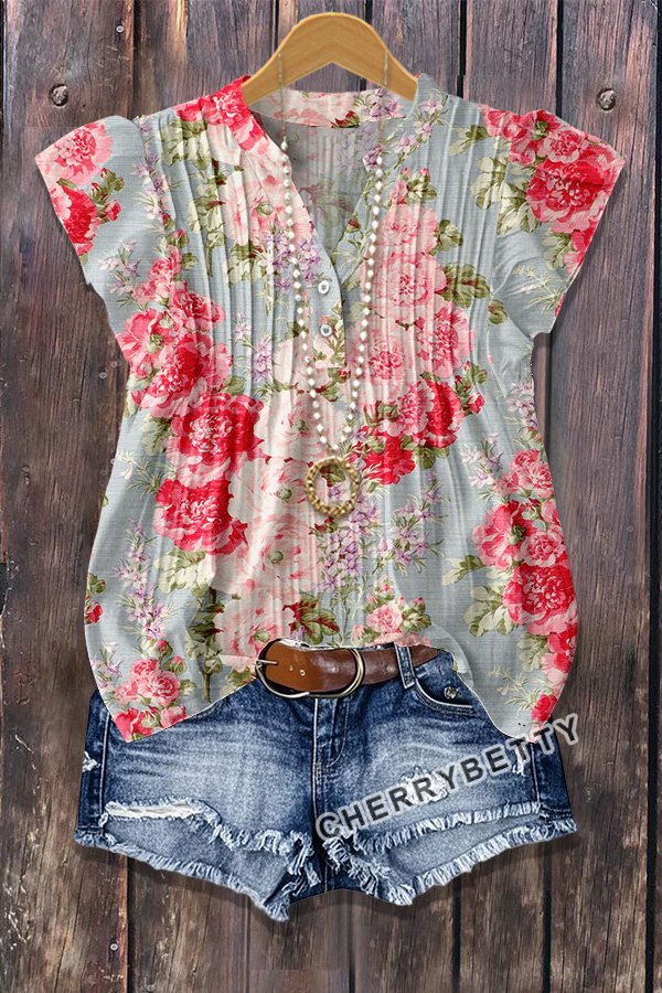 Retro Floral Print Flutter Sleeve Ribbed Top