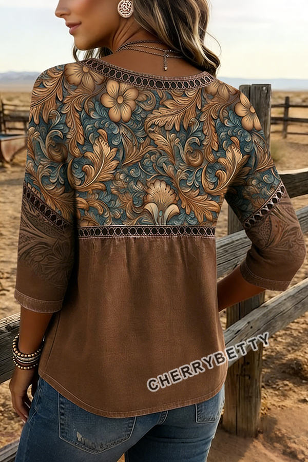 Retro Floral Print Hollow Out Top