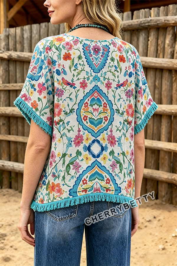 Colorful Floral Print Side Slit Fringe Hem Dolman Sleeve Top