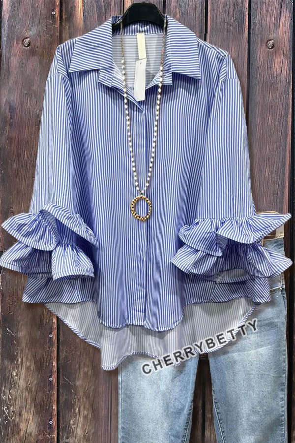 Striped Ruffle Sleeve Collared Shirt