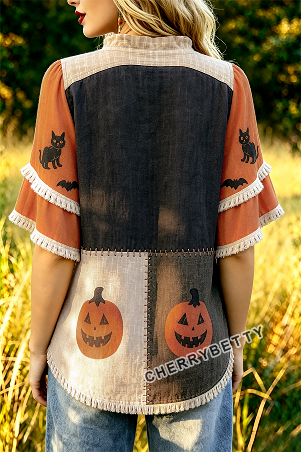 Funny Halloween Print Ruffle Neck Frayed Hem Top