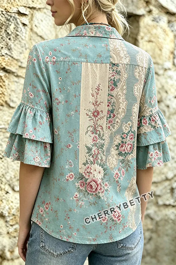 Mixed Floral Print Collared Ruffle Sleeve Top