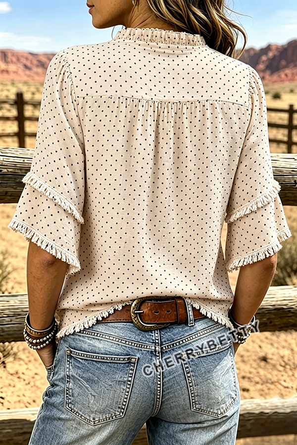 Classic Polka Dot Print Ruffle V-Neck Frayed Hem Top