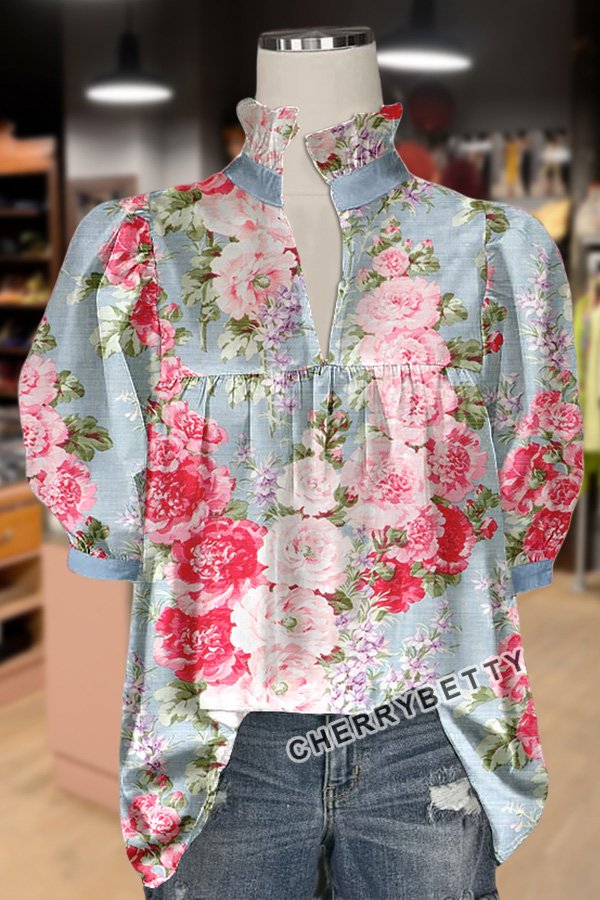 Spring Floral Print Puff Sleeve Top