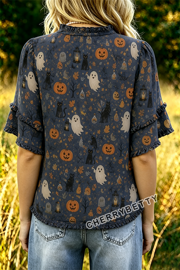Retro Halloween Ghost Pumpkin Print Frayed Hem Top