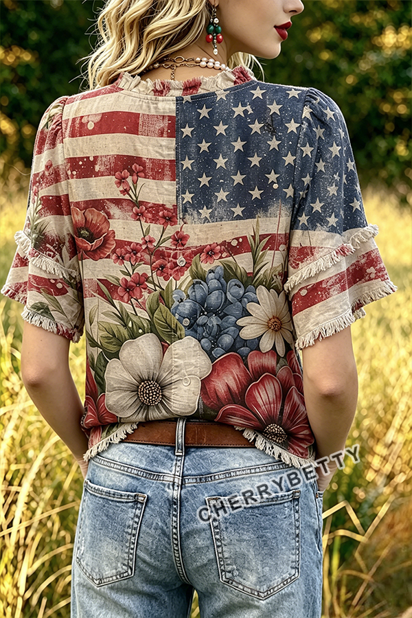 Mixed American Flag Floral Print Frayed Hem Top