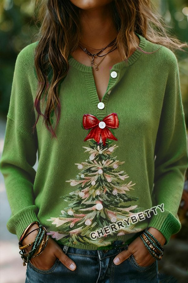 Christmas Tree Pattern Button Detailed Long Sleeve Sweater
