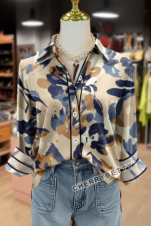 Abstract Floral Print Collared Blouse