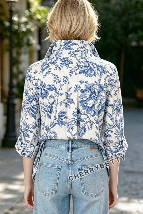 Vintage Floral Print Striped Neck Three Quater Sleeve Blouse
