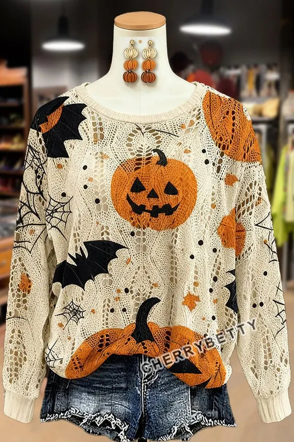 Halloween Pumpkin Print Batwing Sleeve Knit Top