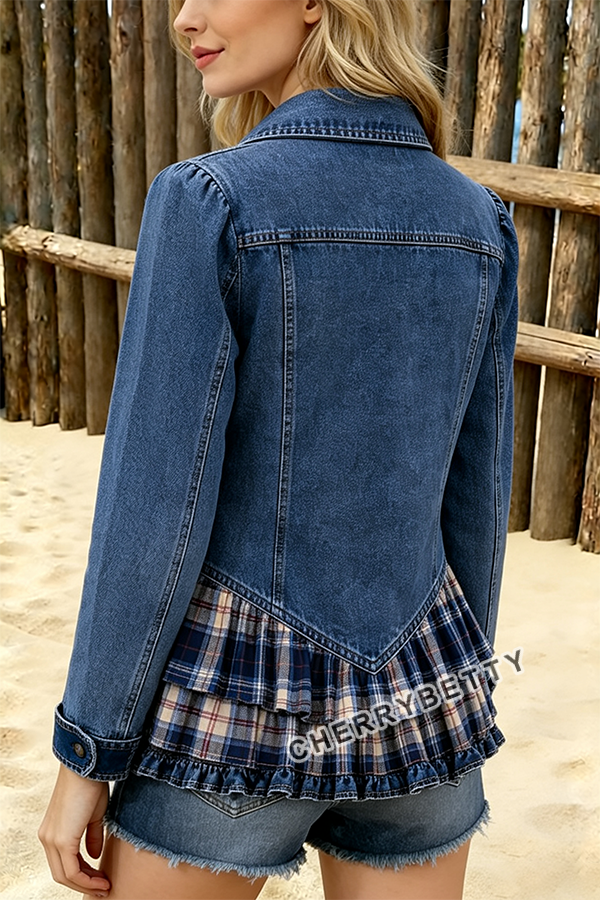Boho Ruffle Trim Plaid Patch Denim Jacket