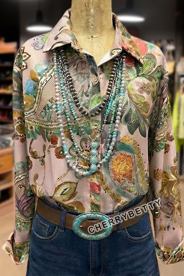 Retro Paisley Print Collared Long Sleeve Top