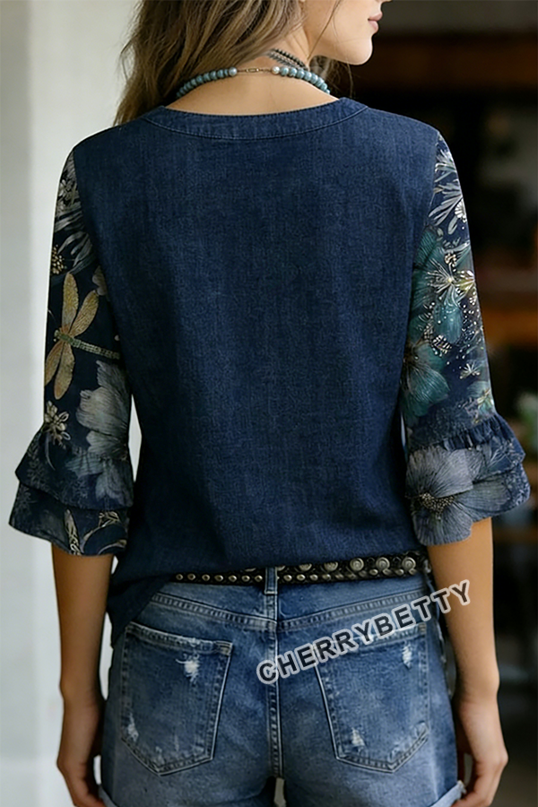 Vintage Floral Print V-Neck Ruffle Sleeve Top