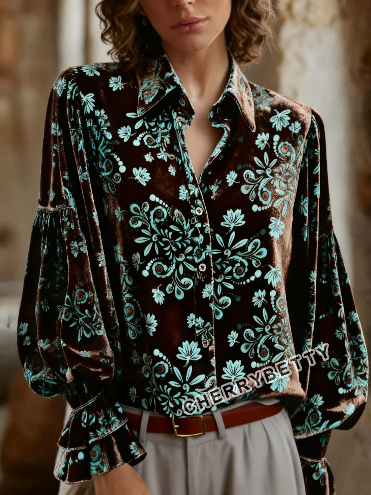 Retro Floral Print Lantern Sleeve Velvet Top