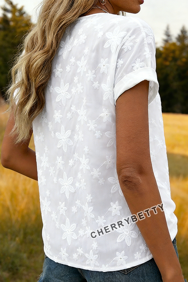 Solid Lace V-Neck Short Sleeve Jacquard Top