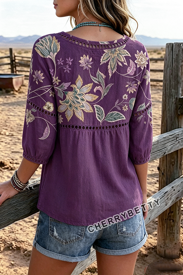 Vintage Floral Print Hollow Out Top