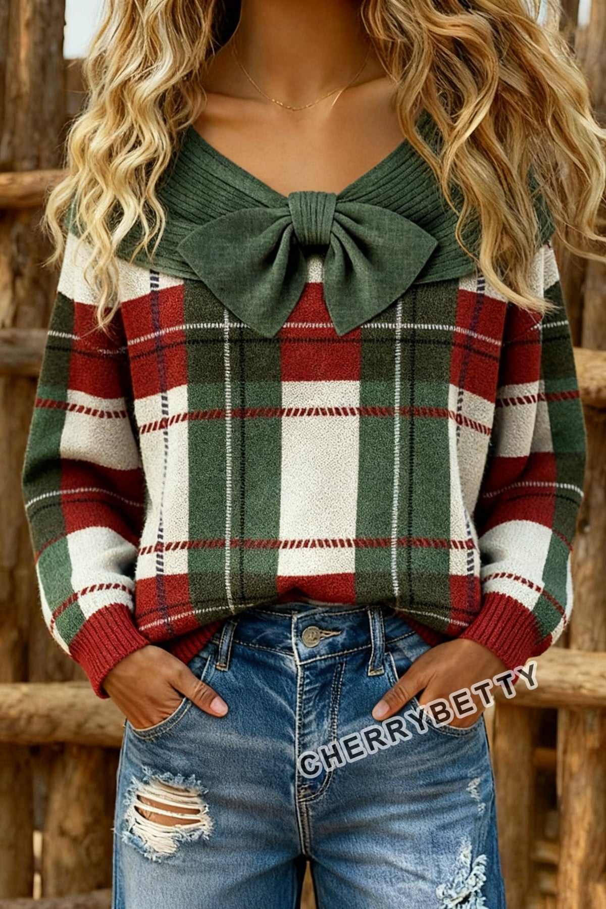 Classic Checkered Bow Detailed Long Sleeve Sweater