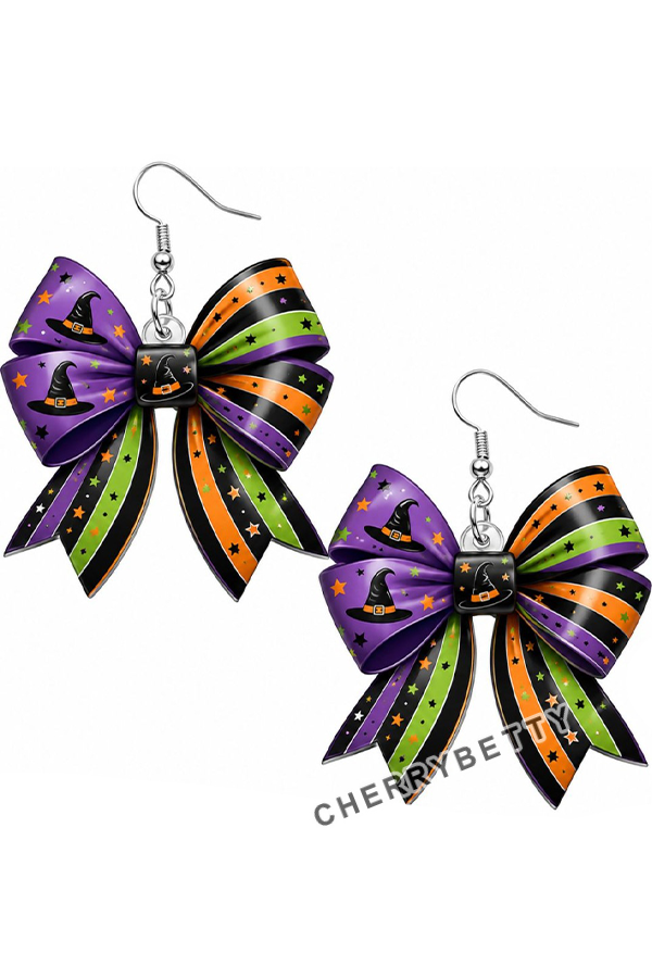 Chic Striped Pumpkin Pattern Bow Halloween Earrings