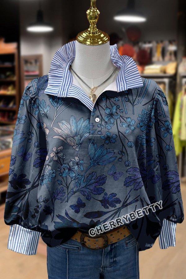 Vintage Floral Print Striped Blouse