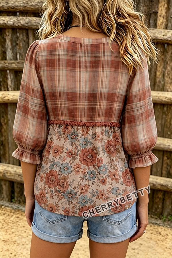 Mixed Plaid Floral Print Notch Neck Puff Sleeve Top