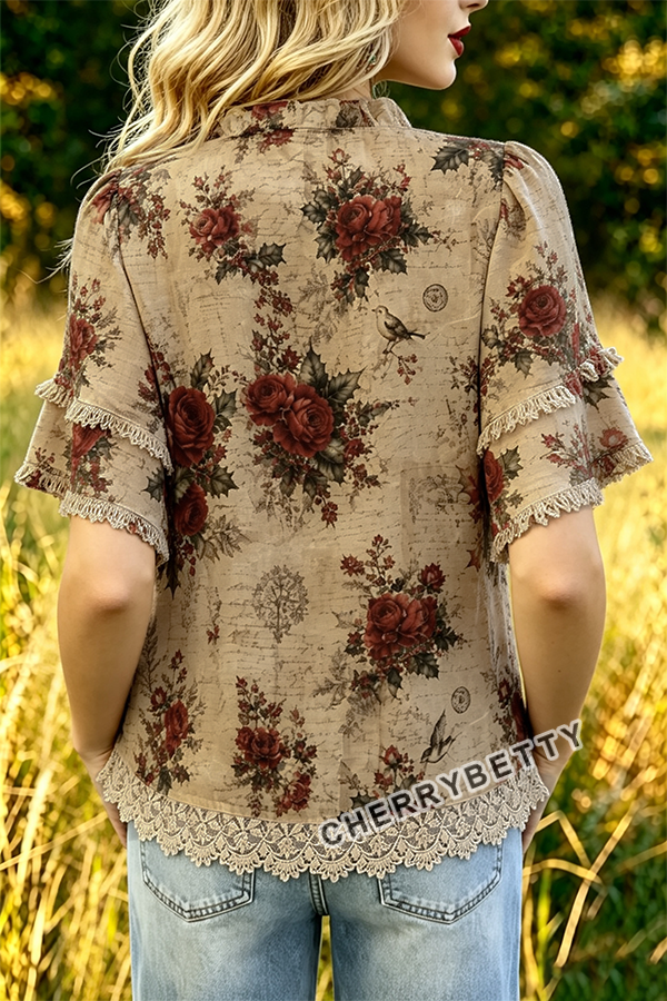 Vintage Floral Print Ruffle Sleeve Lace Patch Top