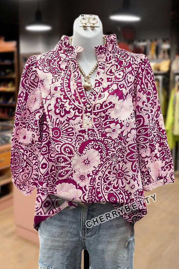 Vintage Floral Print V-Neck Puff Sleeve Top
