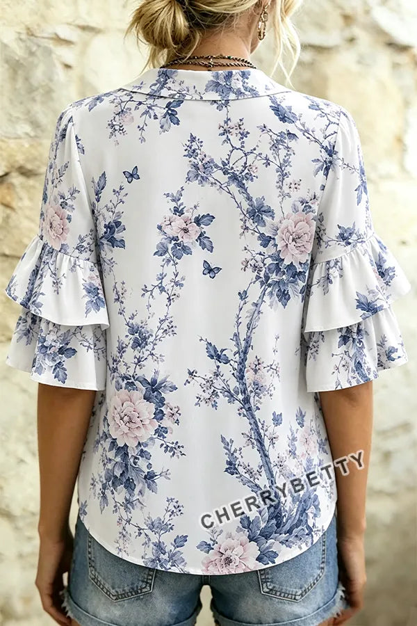 Retro Floral Print Layered Ruffle Sleeve Top
