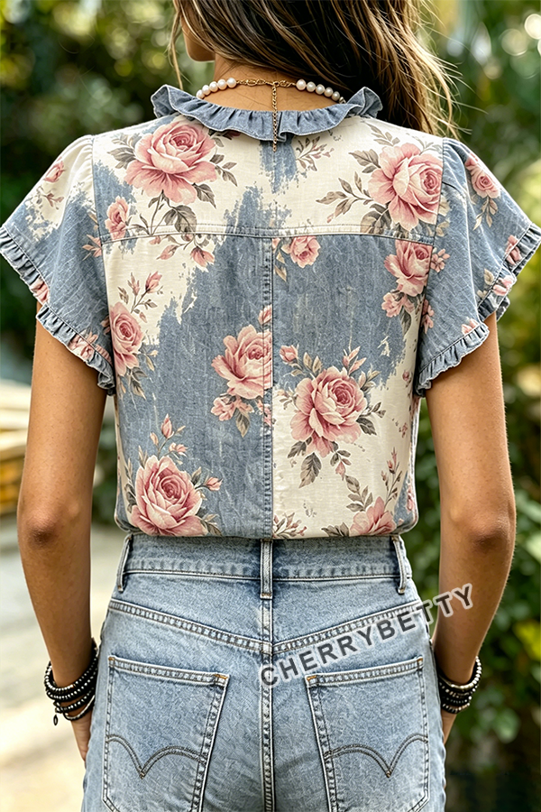 Vintage Rose Print Ruffle Neck Frayed Hem Top