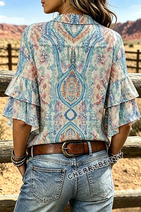 Colorful Floral Print Collared Ruffle Sleeve Top