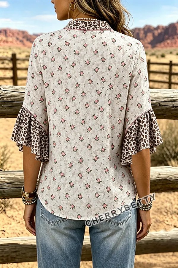 Mixed Floral Print Ruffle Neck Ruffle Sleeve Cotton Top
