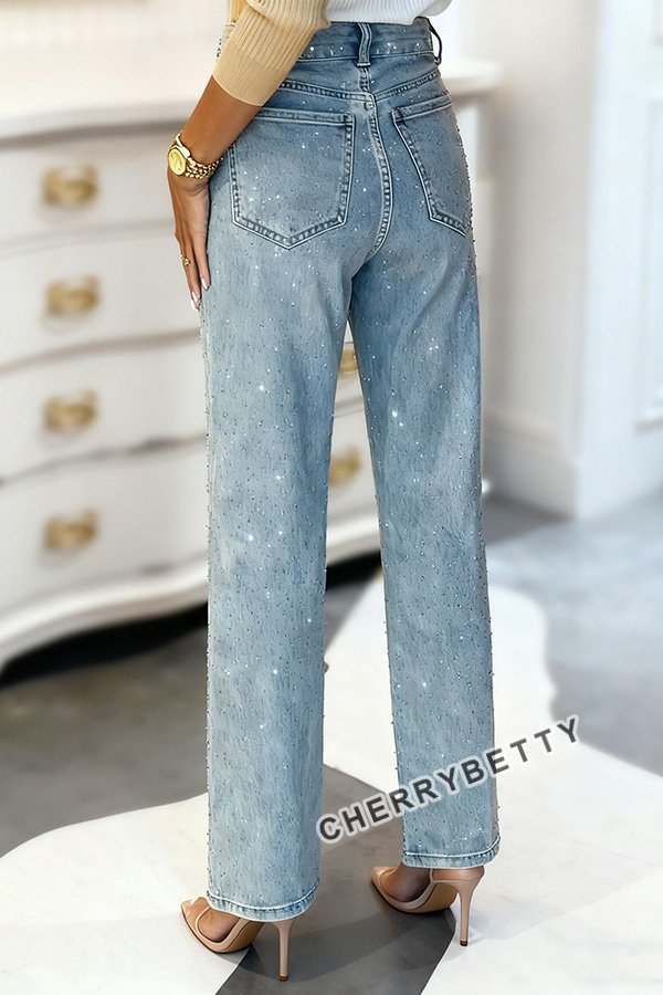 Sparkling Rhinestone High Waist Straight Leg Jeans