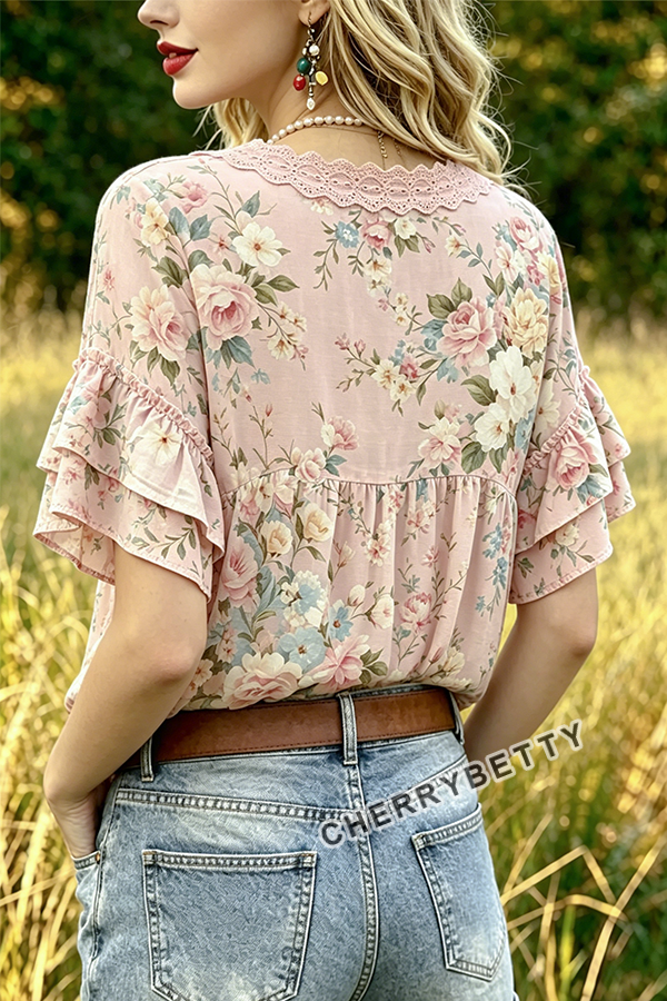 Spring Floral Print Eyelet V-Neck Ruffle Sleeve Top