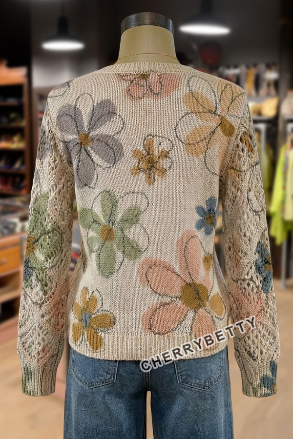 Boho Floral Print V-Neck Long Sleeve Sweater