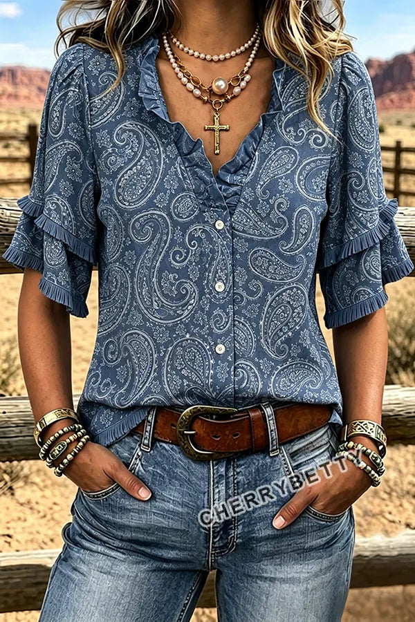Vintage Paisley Print Ruffle Neck Frayed Hem Top