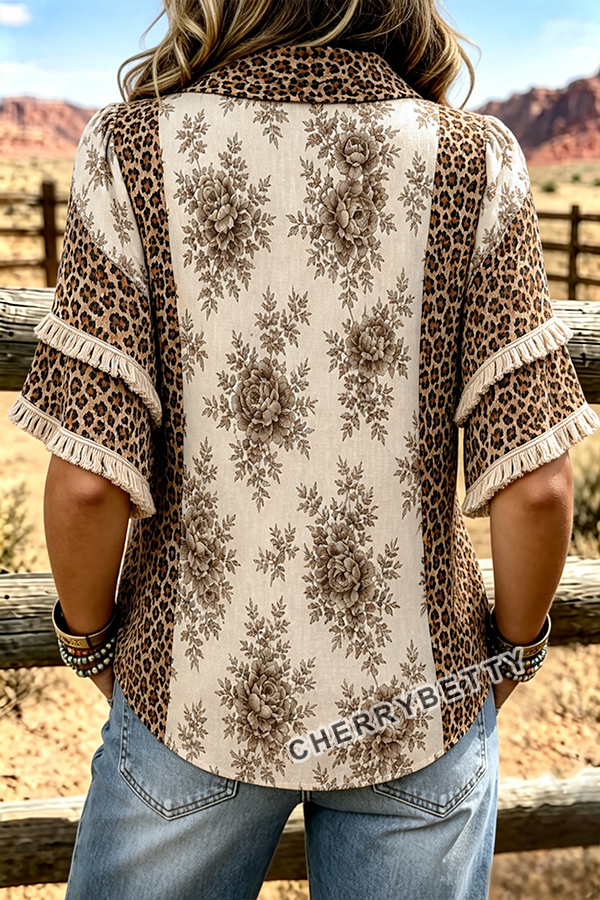 Retro Leopard Flower Print Collared Fringe Trim Top