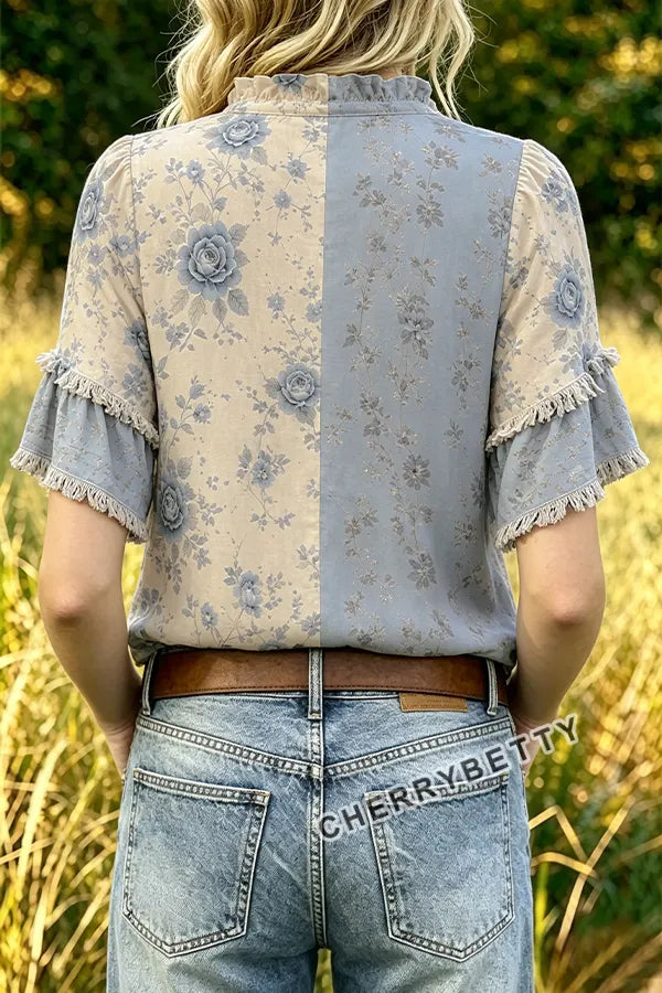 Mixed Floral Print Ruffle Neck Frayed Hem Top