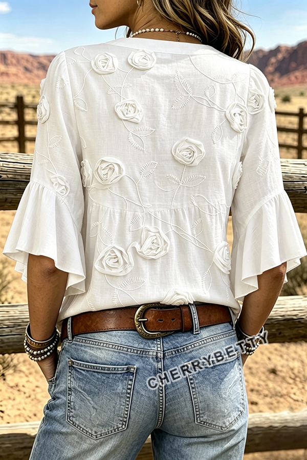 Vintage Rose Embroidered Notch Neck Ruffle Sleeve Blouse