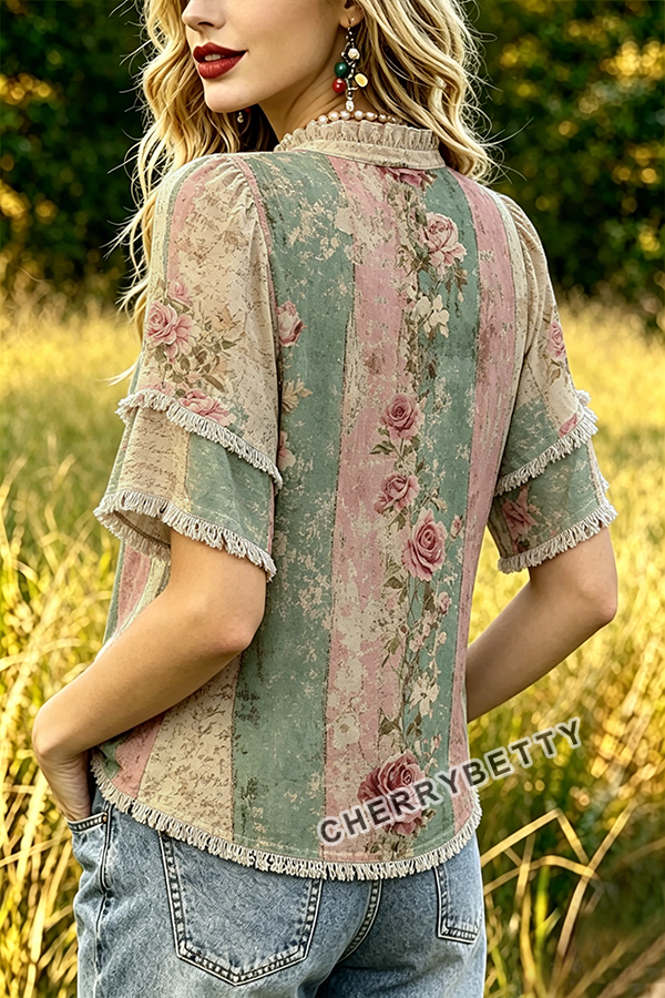 Colorful Floral Print Ruffle Neck Frayed Hem Top