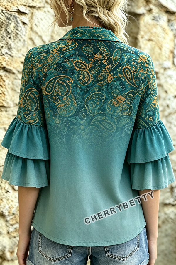 Gradient Paisley Print Layered Ruffle Sleeve Blouse