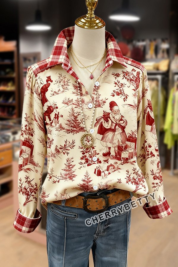 Vintage Santa Print Plaid Patch Long Sleeve Blouse