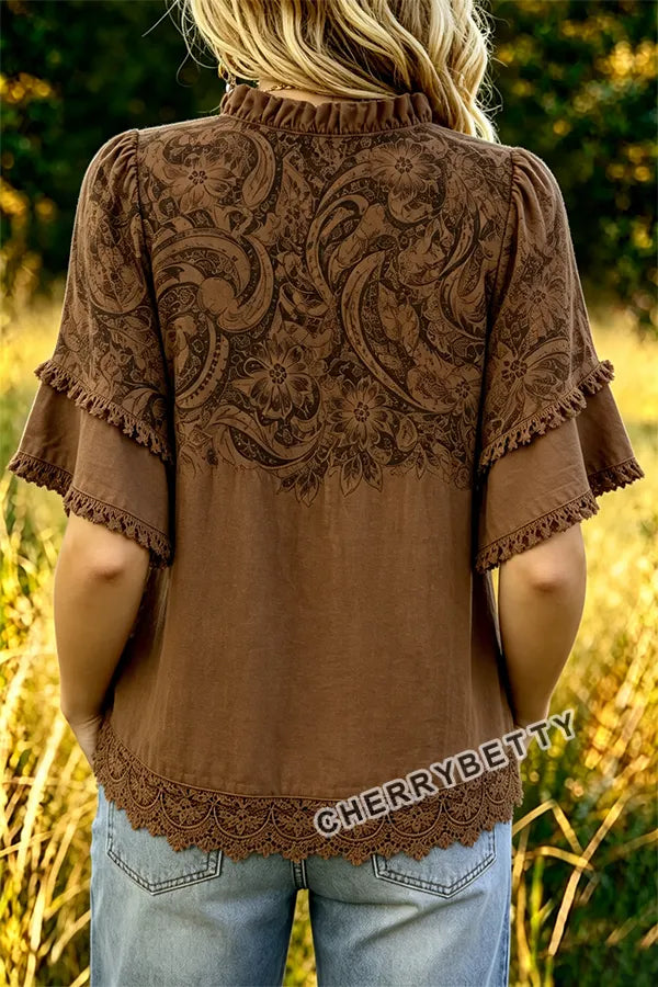 Retro Floral Print Ruffle Sleeve Lace Patch Top