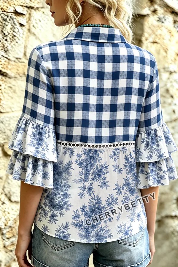 Mixed Plaid Floral Print Hollow Out Ruffle Sleeve Top
