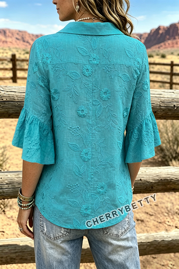 Vintage Flower Embroidered Ruffle Sleeve Cotton Top
