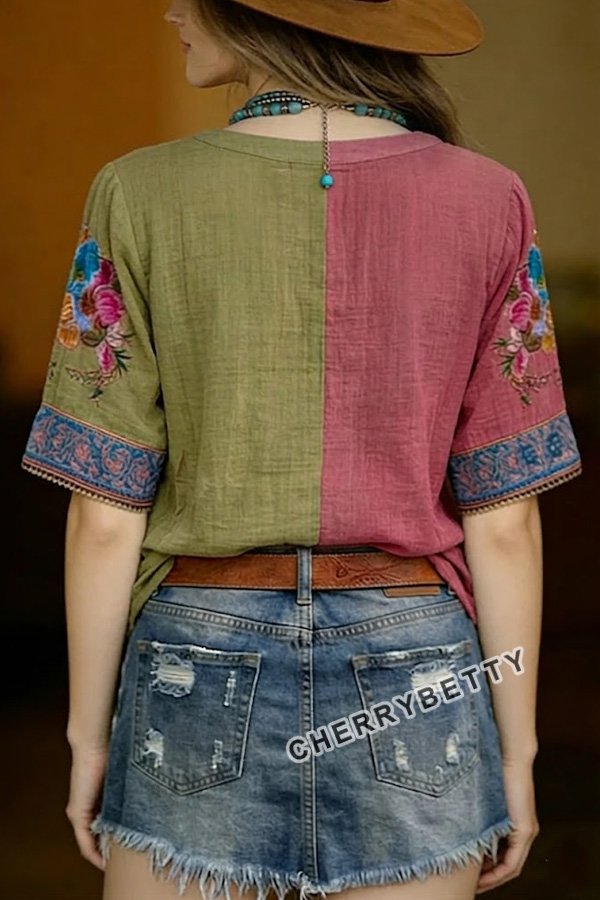Retro Flower Embroidered V-Neck Short Sleeve Cotton Top