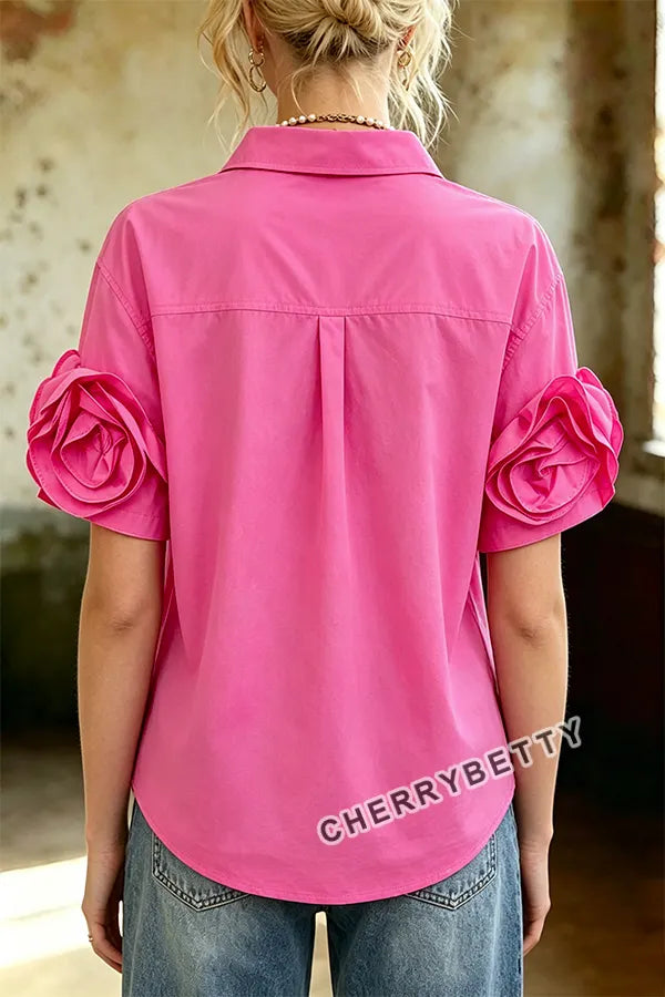 Solid Collared Short Sleeve Rose Floral Cuff Blouse